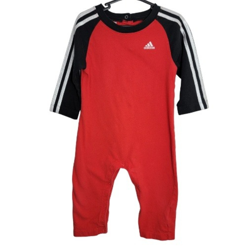 Adidas Baby 12M Red Black Long Sleeve‎ One Piece Romper Snap Bottom Logo